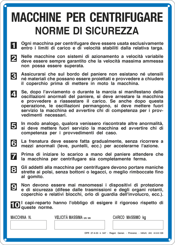 3611 - Cartello NORME MACCHINE PER CENTRIFUGARE