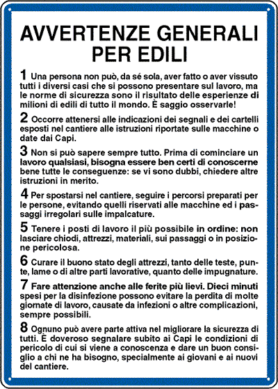 3625 - Cartello NORME avvertenze   GENERALI PER EDILI