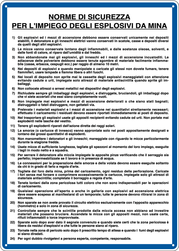 3626 - Cartello NORME IMPIEGO ESPLOSIVI DA MINA