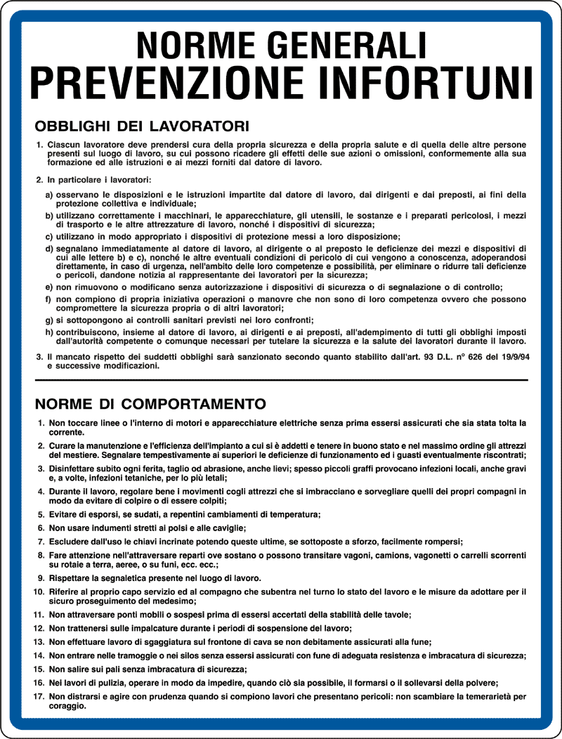 3655 - cartello NORME GENERALI PREVENZIONE INFORTUNI
