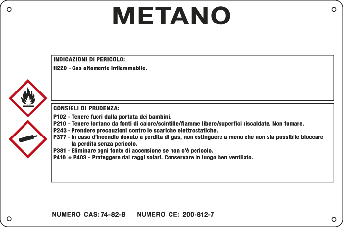 35A231 - cartello sostanze pericolose simbologia CLP " METANO "