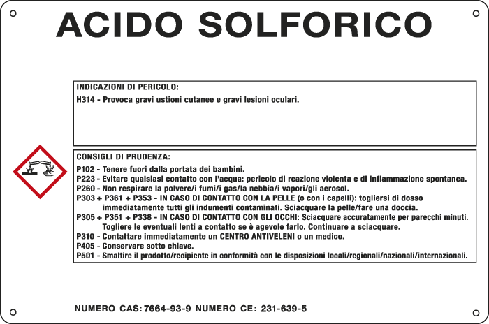 35B580 - cartello sostanze pericolose simbologia CLP " ACIDO SOLFORICO "