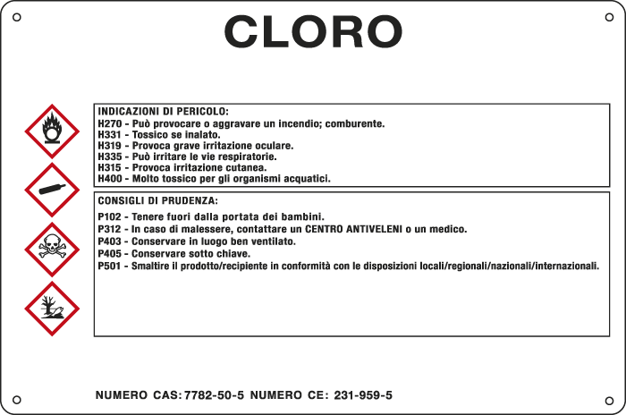 35B980 - cartello sostanze pericolose simbologia CLP " CLORO "