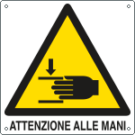 E401601KS - Etichetta pvc autoadesivo pericolo attenzione alle mani EN ISO 7010