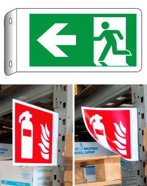 E715101BFLK - Cartello bifacciale flessibile uscita sinistra EN ISO 7010