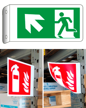 E715105BFLK - Cartello bifacciale flessibile uscita alto sinistra EN ISO 7010