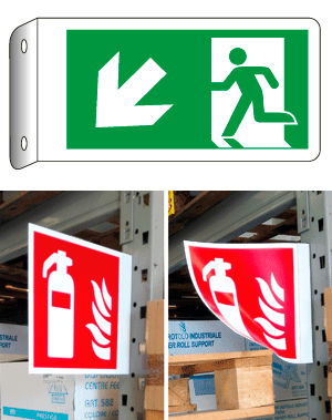 E715107BFLK - Cartello bifacciale flessibile uscita basso sinistra EN ISO 7010