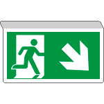 E715108SW - Cartello SOSPESO bifacciale uscita emergenza freccia basso DX ISO 7010