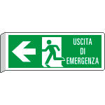 E720101BW - Cartello BIFACCIALE uscita emergenza a sinistra c scritta EN ISO 7010