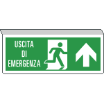 E720103SW - Cartello SOSPESO bifacciale uscita emergenza freccia avanti ISO 7010