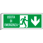 E720104BK - Cartello BIFACCIALE uscita emergenza indietro con scritta EN ISO 7010