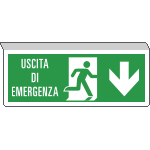 E720104SK - Cartello SOSPESO bifacciale uscita emergenza freccia indietro ISO 7010