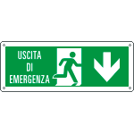 E720104XS - Etichetta uscita di emergenza freccia indietro con scritta EN ISO 7010