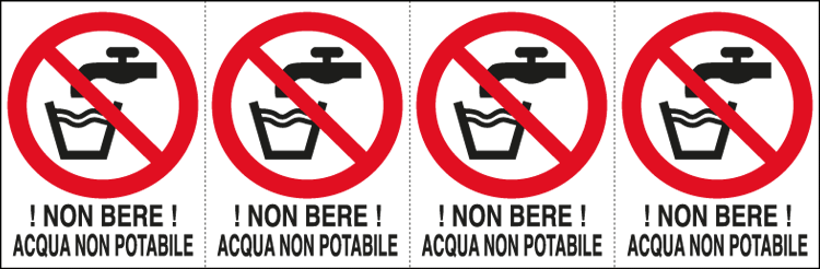 E9512B - Foglio n. 4 etichette adesive non bere! Acqua EN ISO 7010