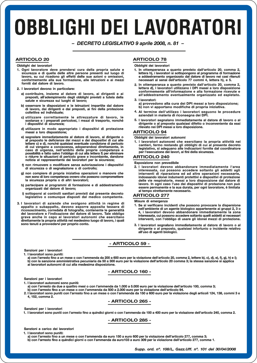 [3759] 3759 - Cartello OBBLIGHI DEI lavoratori D.Lgs. 81/08