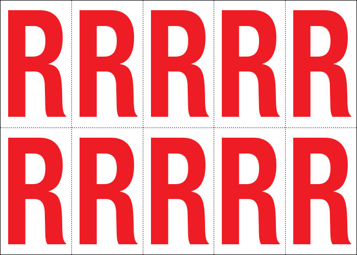 [915R] 915R - Foglio n.10 etichette adesive B/R lettera R