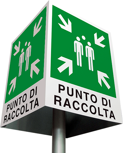 [CUE20153] CUE20153 - Cartello quadrifacciale in allum.con staffa x palo mm60:p.di raccolta