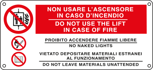 [E16140K] E16140K - Cartello divieto in caso incendio..3simboli UNI ISO 7010