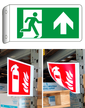 [E715103BFLK] E715103BFLK - Cartello bifacciale flessibile uscita avanti EN ISO 7010
