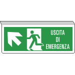 [E720105SW] E720105SW - Cartello SOSPESO bifacciale uscita emergenza freccia alto sx ENISO7010