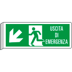 [E720107BK] E720107BK - Cartello BIFACCIALE uscita emergenza in basso sn +scritta EN ISO 7010