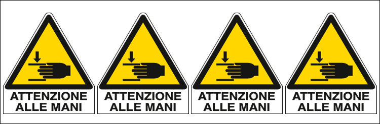 [E9560B] E9560B - Foglio 4 etichette adesive attenzione mani EN ISO 7010